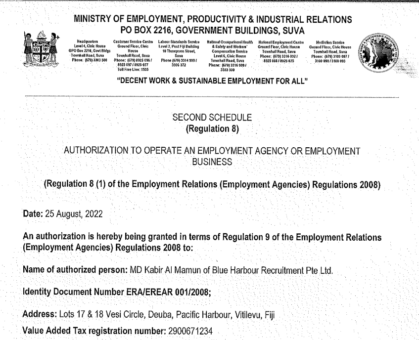 authorization of Blue Harbour Recruitment - A Job Recruitment Agency in Fiji